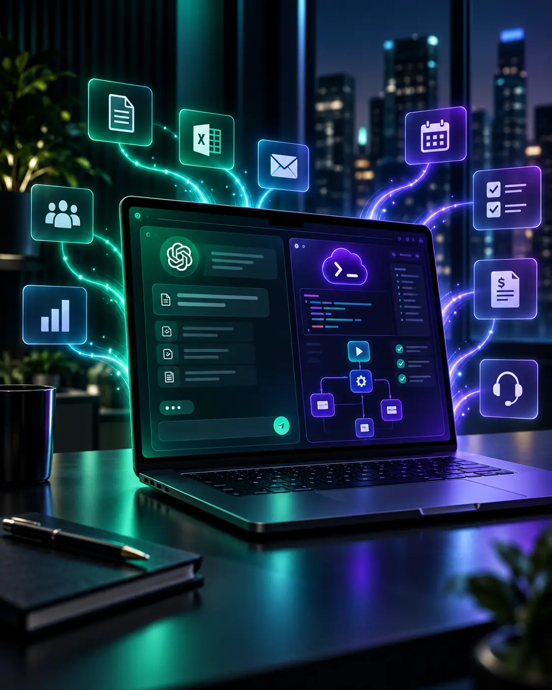 Laptop z narzędziami AI do automatyzacji pracy zespołu